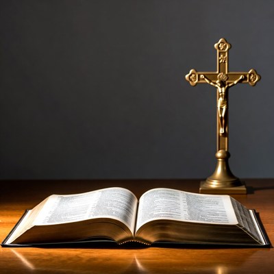 Open Bible and Golden Crucifix