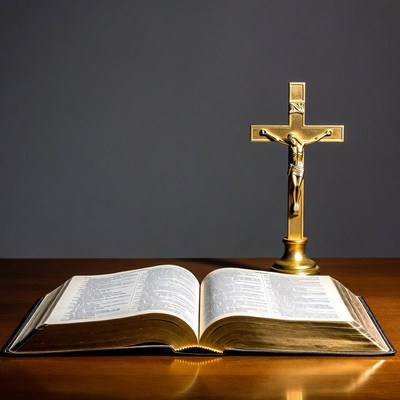Open Bible and Crucifix on Table