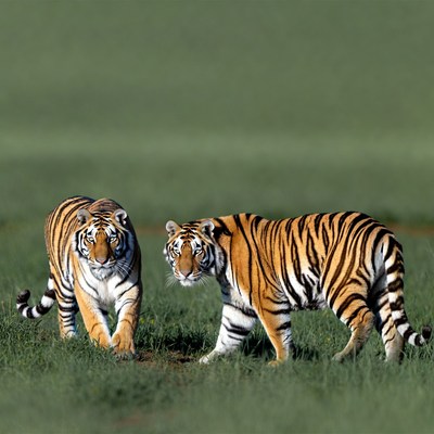 Two Tigers Walking in Grass