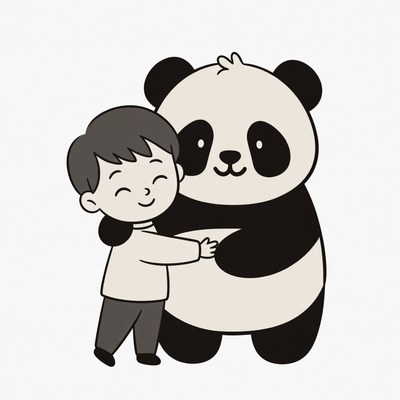 Boy hugging cute panda illustration