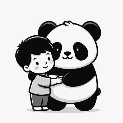 Boy hugging panda illustration