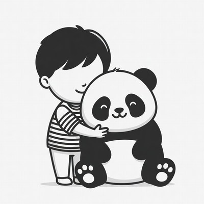 Boy hugging cute panda illustration