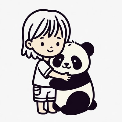Child hugging cute panda illustration