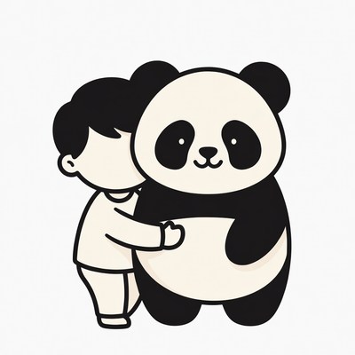 Boy hugging giant panda illustration