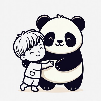 Boy hugging cute panda