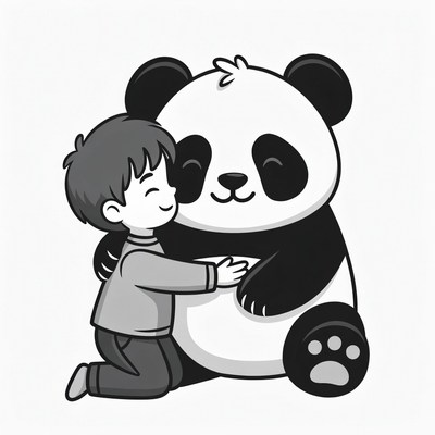 Boy hugging panda illustration