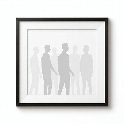 Six silhouetted men in black frame