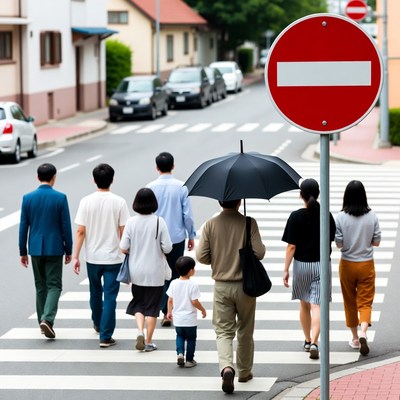 Asian family crossing street with umbrella