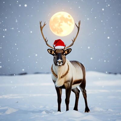 Reindeer Wearing Santa Hat in Snow