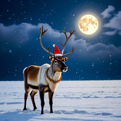 Reindeer wearing Santa hat in snowy night