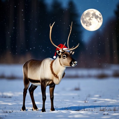 Reindeer Wearing Santa Hat in Snowy Forest
