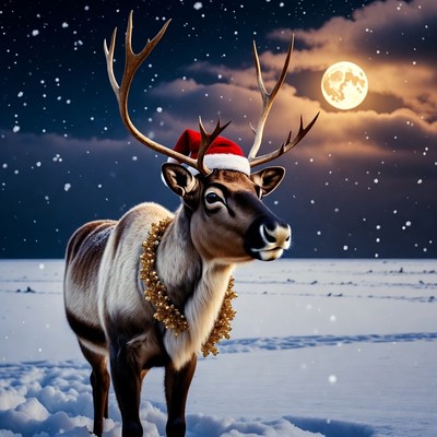 Reindeer wearing Santa hat in snow