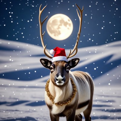 Reindeer wearing Santa hat in snowy night