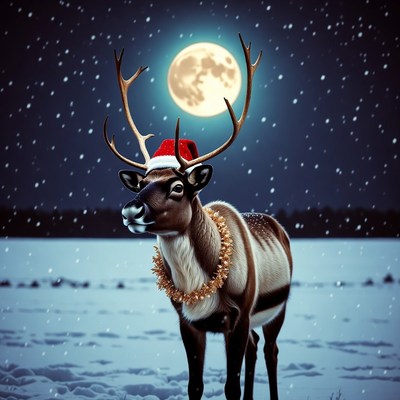 Reindeer Wearing Santa Hat Necklace Snowy Night