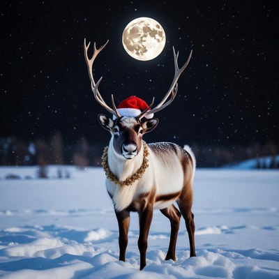 Reindeer Wearing Santa Hat in Snow
