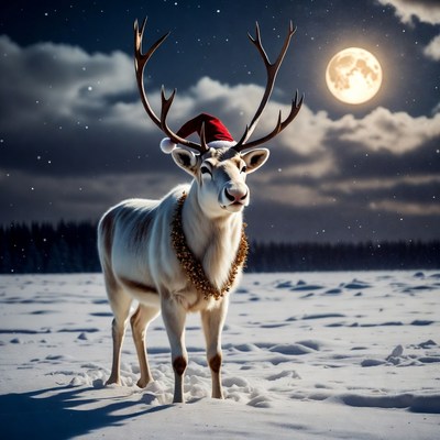 Reindeer Wearing Santa Hat in Snowy Night