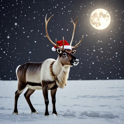 Reindeer Wearing Santa Hat in Snow