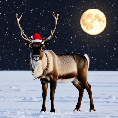 Reindeer wearing Santa hat in snow