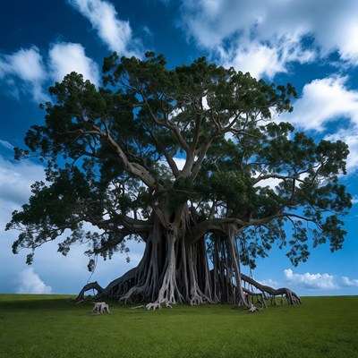 Massive Banyan Tree in Grass Field