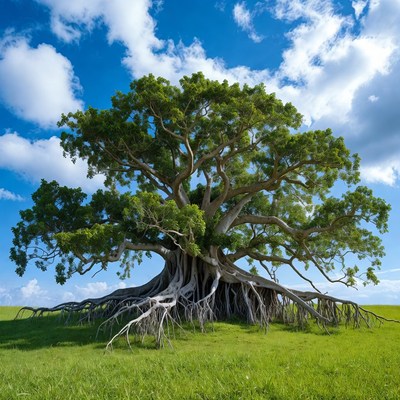 Massive Banyan Tree in Green Field