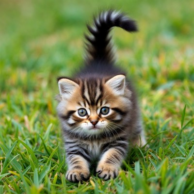 Cute tabby kitten playing on grass