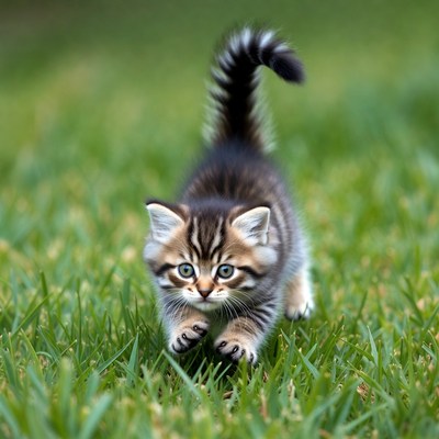 Kitten running on green grass