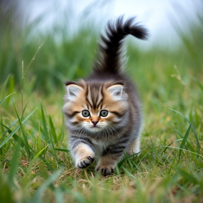 Kitten running in green grass