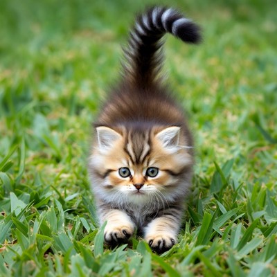 Kitten playing on green grass