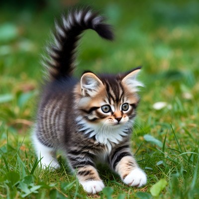 Tabby kitten playing on grass