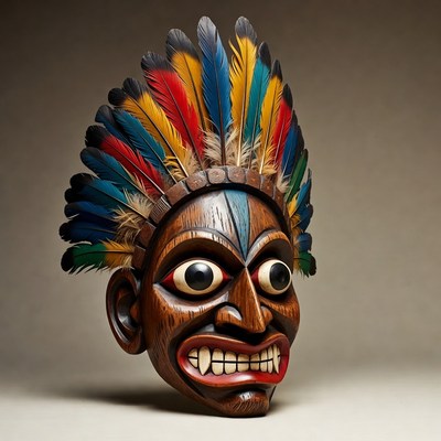 Colorful Feathered Wooden Tribal Mask