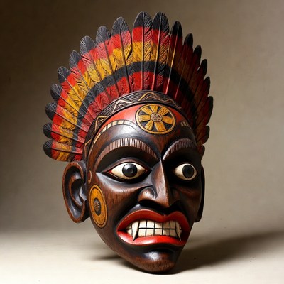 Carved Wooden Tribal Mask with Feathers