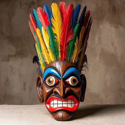 Colorful Feathered Wooden Tribal Mask
