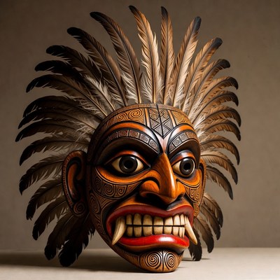Carved tribal mask with feathers