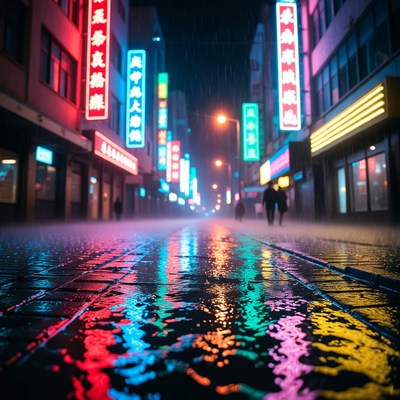 Neon-lit rainy Asian street at night