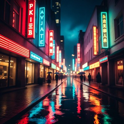 Rainy Neon-Lit Street with Umbrellas