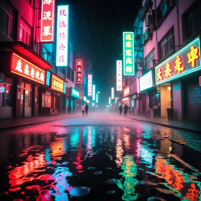 Neon-lit rainy Asian street at night