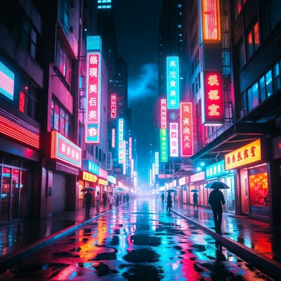 Neon-lit rainy Asian street at night