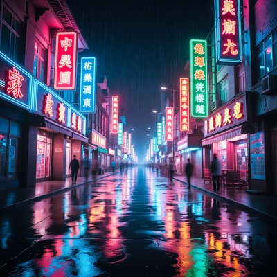 Neon-lit rainy Chinese street at night