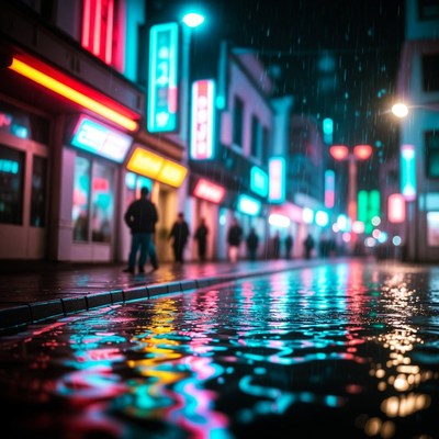 Neon-lit rainy street with blurred people