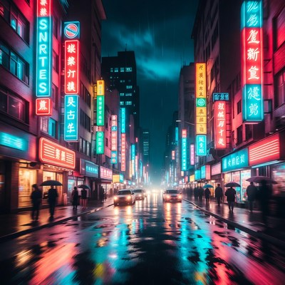 Neon-lit rainy Asian street at night