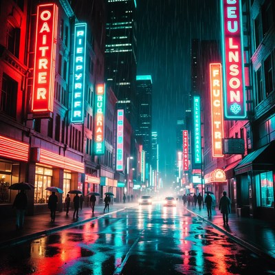 Neon-lit rainy city street at night