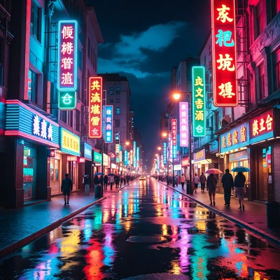Neon-lit rainy street at night