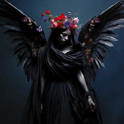 Woman with black wings and flower crown