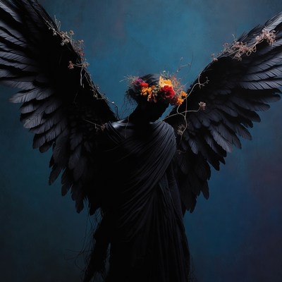 Woman with black wings and flower crown