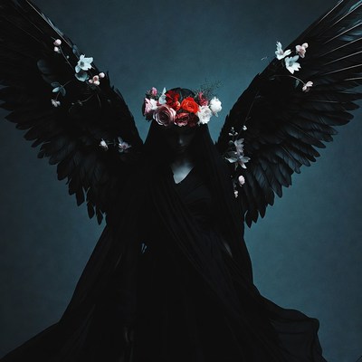 Woman with black wings and flower crown