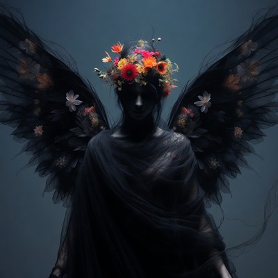 Woman with black wings and flower crown