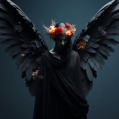 Woman with black wings and flower crown