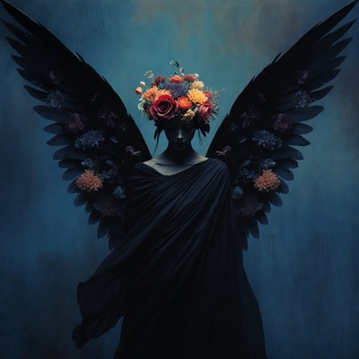 Woman with black wings and flower crown
