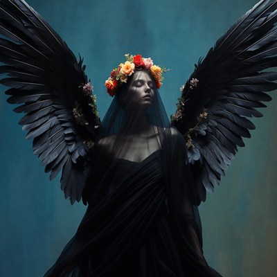 Woman with black wings and flower crown