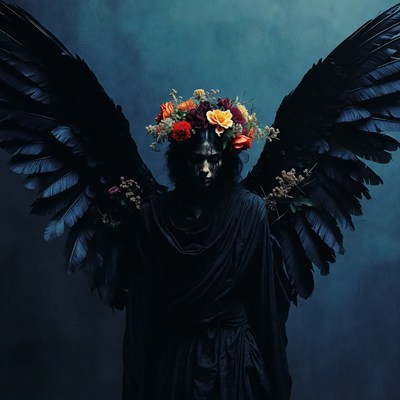 Woman with black wings and flower crown